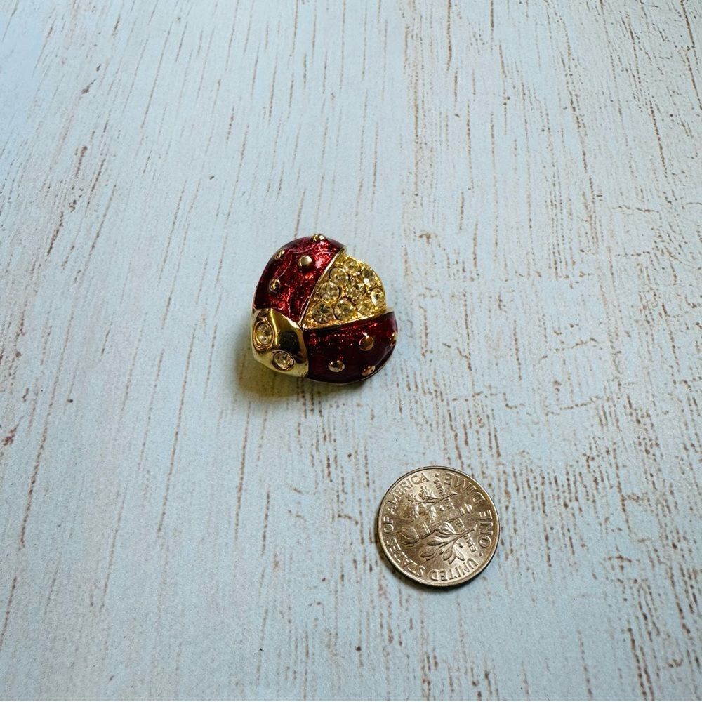 Gold Crystal Red Enamel Lady Bug Mini Brooch